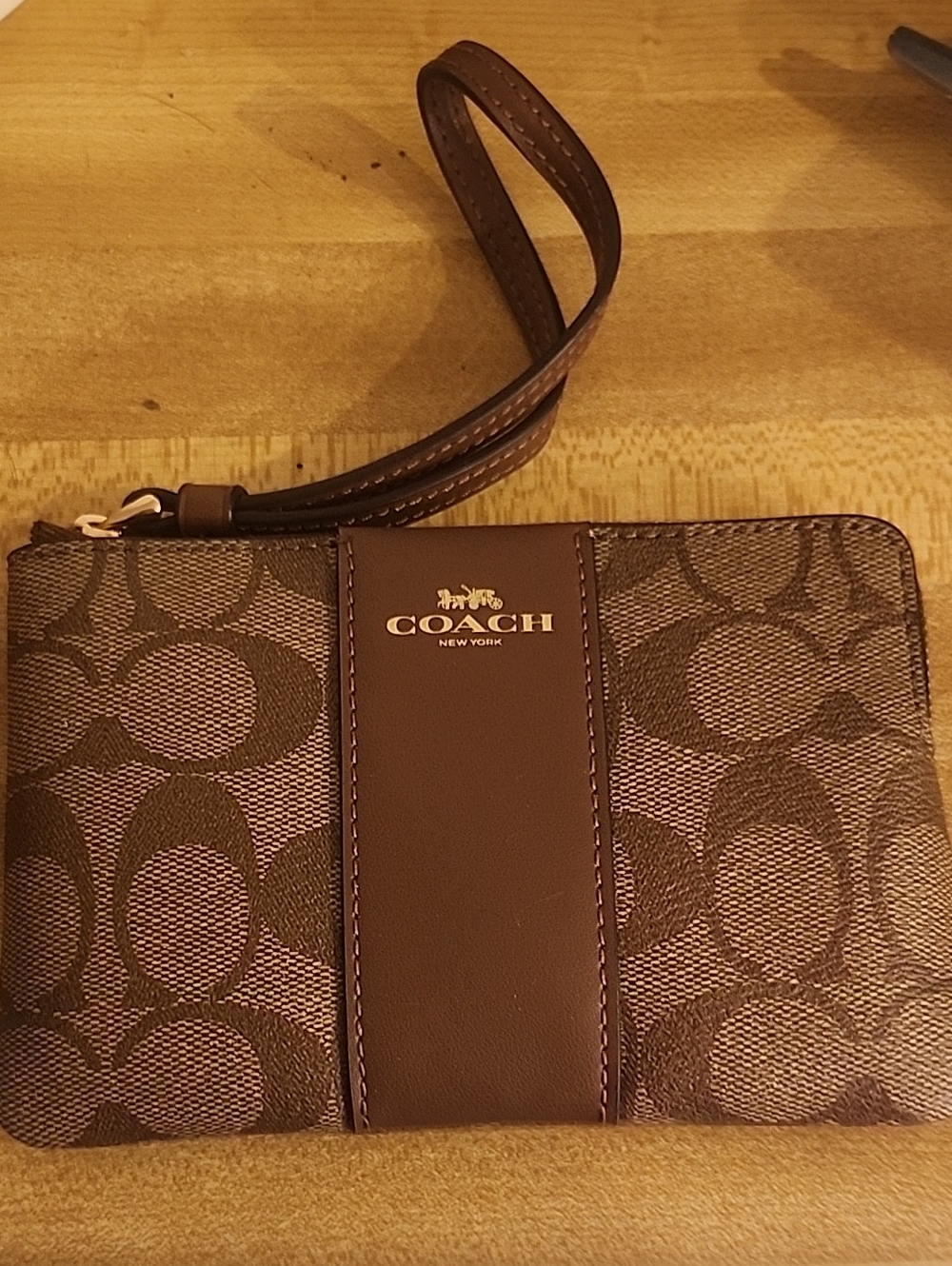Coach Brown Signature Wristlet with Gold Logo